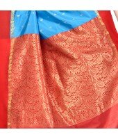 dB DESH BIDESH Women`s Bengal Kanchipuram Art Silk Saree Handmade Whole Body Garad Design With Running Blouse Light Blue