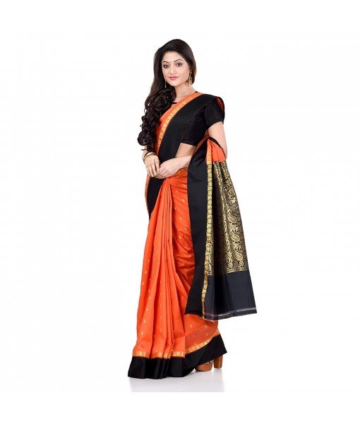 dB DESH BIDESH Women`s Bengal Kanchipuram Art Silk Saree Handmade Whole Body Garad Design With Running Blouse Orange Black