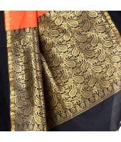 dB DESH BIDESH Women`s Bengal Kanchipuram Art Silk Saree Handmade Whole Body Garad Design With Running Blouse Orange Black