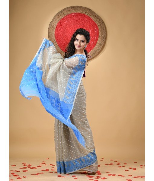  Resham Dhakai Jamdani Cotton Handloom Saree Hajar Buti Design Jamdani Saree (White Blue)