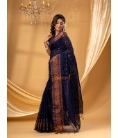  Bengal Cotton Silk Pure Handloom Cotton Saree Kohinoor Work With Blouse Piece (Dark blue)