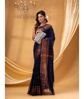  Bengal Cotton Silk Pure Handloom Cotton Saree Kohinoor Work With Blouse Piece (Dark blue)