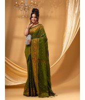 Bengal Cotton Silk Pure Handloom Cotton Saree Kohinoor Work With Blouse Piece(Green)