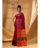 Tant Cotton Silk Handloom Cotton Saree Pushpomala With Blouse Piece (Orange Pink)