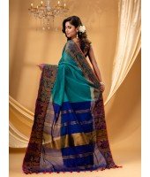 Tant Cotton Silk Handloom Cotton Saree Pushpomala With Blouse Piece (Tute Blue)