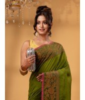 Cotton Handloom Cotton Silk Saree Gulab Work With Blouse Piece (Dark Green)