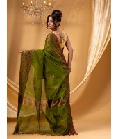 Cotton Handloom Cotton Silk Saree Gulab Work With Blouse Piece (Dark Green)