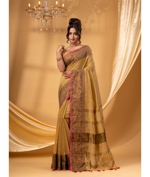 Cotton Handloom Cotton Silk Saree Gulab Work With Blouse Piece (Gold)