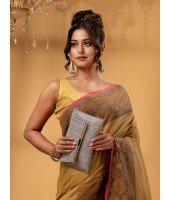 Cotton Handloom Cotton Silk Saree Gulab Work With Blouse Piece (Gold)