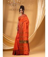 Cotton Handloom Cotton Silk Saree Gulab Work With Blouse Piece (Orange)