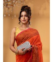 Cotton Handloom Cotton Silk Saree Gulab Work With Blouse Piece (Orange)