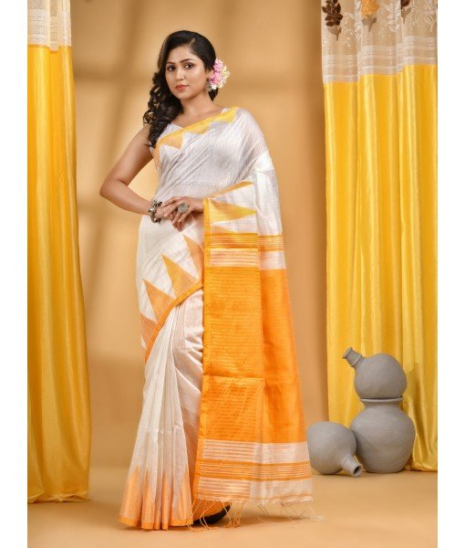 Bengali Handloom Tant Pure Cotton Saree Temple Par Desigined With Blouse Piece (Yellow White)