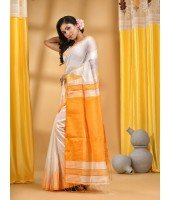 Bengali Handloom Tant Pure Cotton Saree Temple Par Desigined With Blouse Piece (Yellow White)