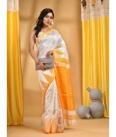 Bengali Handloom Tant Pure Cotton Saree Temple Par Desigined With Blouse Piece (Yellow White)