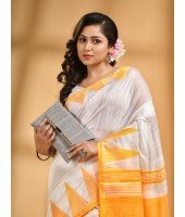 Bengali Handloom Tant Pure Cotton Saree Temple Par Desigined With Blouse Piece (Yellow White)