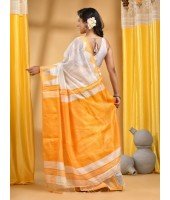 Bengali Handloom Tant Pure Cotton Saree Temple Par Desigined With Blouse Piece (Yellow White)