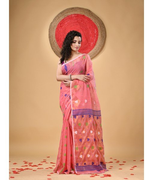 Resham Dhakai Jamdani Cotton Handloom Saree Kohinoor Design Jamdani Saree(Pink)