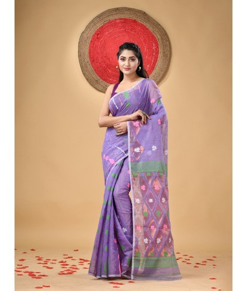 Resham Dhakai Jamdani Cotton Handloom Saree Kohinoor Design Jamdani Saree(purple)