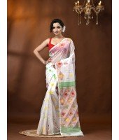 Resham Dhakai Jamdani Cotton Handloom Saree Kohinoor Design Jamdani Saree(white)