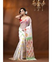 Resham Dhakai Jamdani Cotton Handloom Saree Kohinoor Design Jamdani Saree(white)