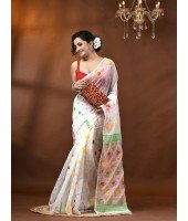 Resham Dhakai Jamdani Cotton Handloom Saree Kohinoor Design Jamdani Saree(white)