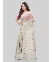 DESH BIDESH Women`s Hirokduti Resham Dhakai jamdani Bengal Pure Cotton Handloom Saree Whole Body Design without Blouse Piece (Off White)