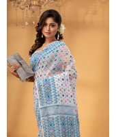 Hirokduti Resham Dhakai jamdani Bengal Pure Cotton Handloom Saree Whole Body Design without Blouse Piece (White Blue)