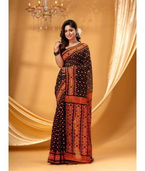  Hirokduti Resham Dhakai jamdani Bengal Pure Cotton Handloom Saree Whole Body Design without Blouse Piece (Black Orange)