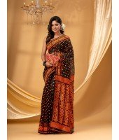  Hirokduti Resham Dhakai jamdani Bengal Pure Cotton Handloom Saree Whole Body Design without Blouse Piece (Black Orange)