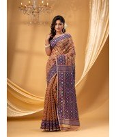  Hirokduti Resham Dhakai jamdani Bengal Pure Cotton Handloom Saree Whole Body Design without Blouse Piece(Orange Blue)