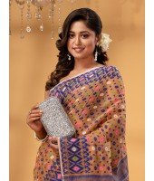  Hirokduti Resham Dhakai jamdani Bengal Pure Cotton Handloom Saree Whole Body Design without Blouse Piece(Orange Blue)