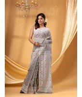 Hirokduti Resham Dhakai jamdani Bengal Pure Cotton Handloom Saree Whole Body Design without Blouse Piece (Gray)