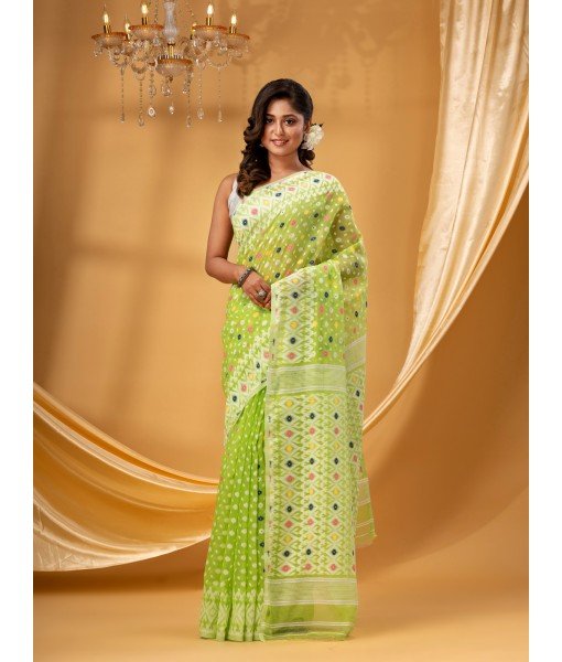 Hirokduti Resham Dhakai jamdani Bengal Pure Cotton Handloom Saree without Blouse Piece (Green White)