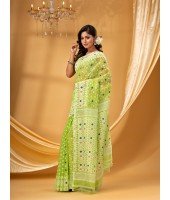 Hirokduti Resham Dhakai jamdani Bengal Pure Cotton Handloom Saree without Blouse Piece (Green White)