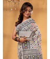 Hirokduti Resham Dhakai jamdani Bengal Pure Cotton Handloom Saree without Blouse Piece (White Black)