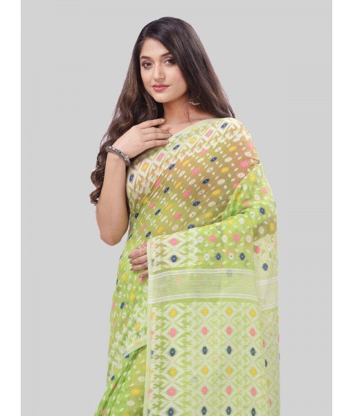 DESH BIDESH Women`S Hirokduti Resham Dhakai Jamdani Bengal Pure Cotton Handloom Saree Without Blouse Piece(Green White)