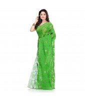 dB Desh Bidesh Women`s Bengal Handloom Tant Soft Dhakai Jamdani Cotton Saree Whole Body Design (Green White)