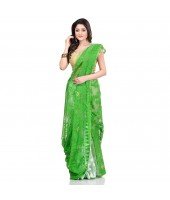 dB Desh Bidesh Women`s Bengal Handloom Tant Soft Dhakai Jamdani Cotton Saree Whole Body Design (Green White)