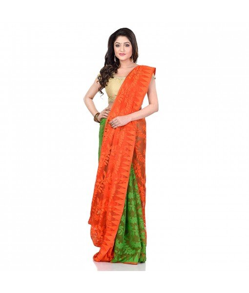 dB Desh Bidesh Women`s Bengal Handloom Tant Soft Dhakai Jamdani Cotton Saree Whole Body Design (Orange Green)