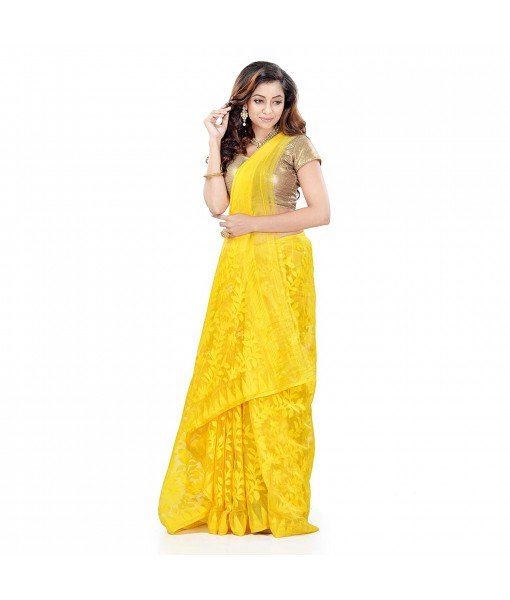 dB Desh Bidesh Women`s Bengal Handloom Tant Soft Dhakai Jamdani Cotton Saree Whole Body Design (Yellow)