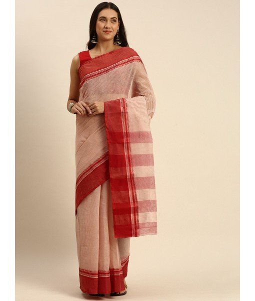 Traditional Bengal Tant Pure Handloom Cotton Saree Kantha Stitch Woven Without Blouse Piece 9white Red)