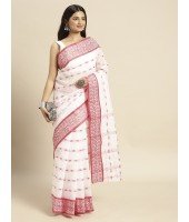 Tant Woven Lal Paar Sada Design Pure Handloom Cotton Saree Without Blouse Piece (Red White)