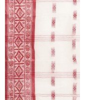 Tant Woven Lal Paar Sada Design Pure Handloom Cotton Saree Without Blouse Piece (Red White)