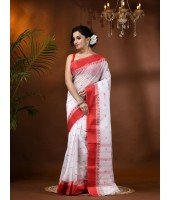 Handloom Cotton Saree Lotus Bud Woven Designer Without Blouse Piece (Whitw Red)