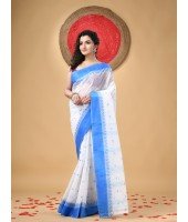 Handloom Cotton Saree Lotus Bud Woven Designer Without Blouse Piece (White Blue)