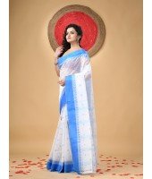 Handloom Cotton Saree Lotus Bud Woven Designer Without Blouse Piece (White Blue)