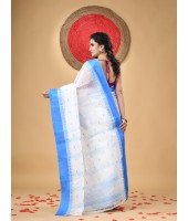 Handloom Cotton Saree Lotus Bud Woven Designer Without Blouse Piece (White Blue)