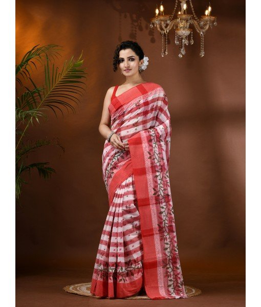 Madhabilata Print Design Pure Handloom Cotton Saree Without Blouse Piece(Red)