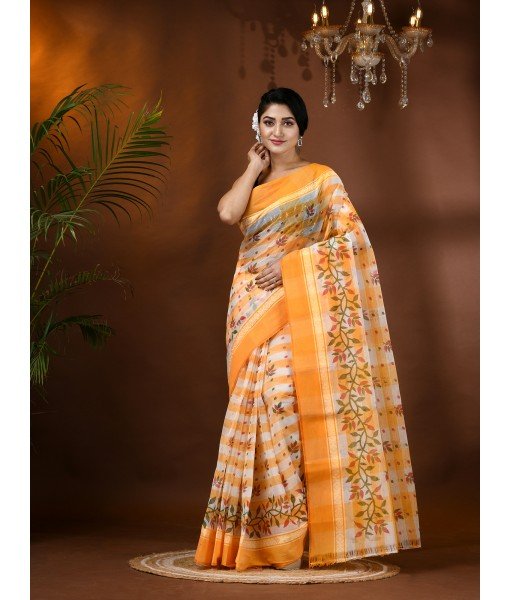 Madhabilata Print Design Pure Handloom Cotton Saree Without Blouse Piece (Yellow)