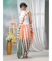 Women`s Pure Malmal Cotton and Bengal Soft Khadi Mul Mul Handloom Cotton Saree in Tricolour (Orange White Green)